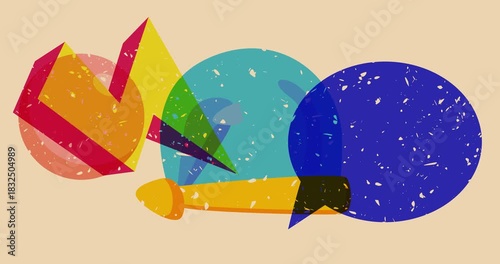 Risograph Santa Claus Hat and speech bubble with geometric shapes animation. Moving object in trendy riso graph design video.