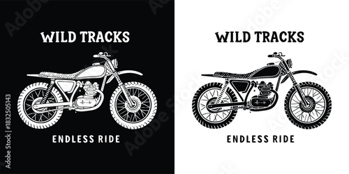 Wild tracks endless ride motocross dirt bike graphic design, retro offroad motorcycle art with distressed texture and bold typography