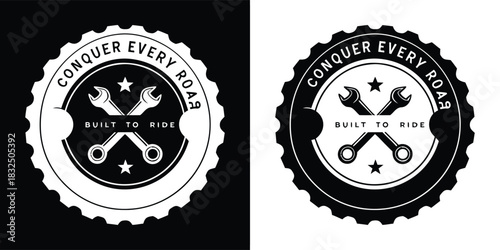 A circular emblem with the text conquer every road, featuring crossed wrenches and stars, suitable for automotive or adventure themes, in black and white