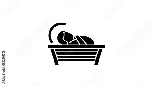 Black silhouette icon of baby Jesus in a manger with a halo, representing the nativity scene and Christmas.