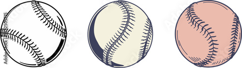 Black and white drawing of a baseball with detailed stitching – stock vector icon in line style, Minimalist Baseball Icon Set, A collection of three baseball icons in simple line art style