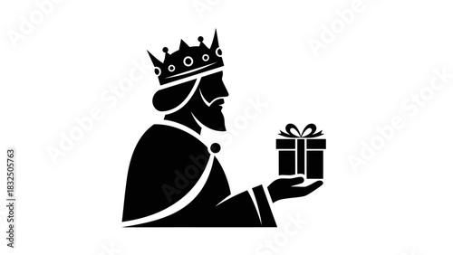 Black silhouette of a king or wise man wearing a crown and cloak, holding a small wrapped gift box with a bow.