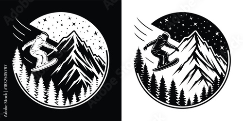 Snowboarder jumping over mountain with pine trees and starry night sky, action shot