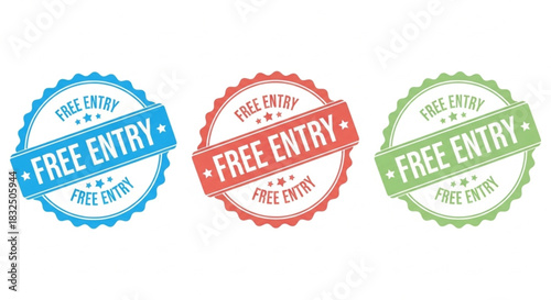 Free Entry in different colors blue, red, and green, signifying special offers or promotions