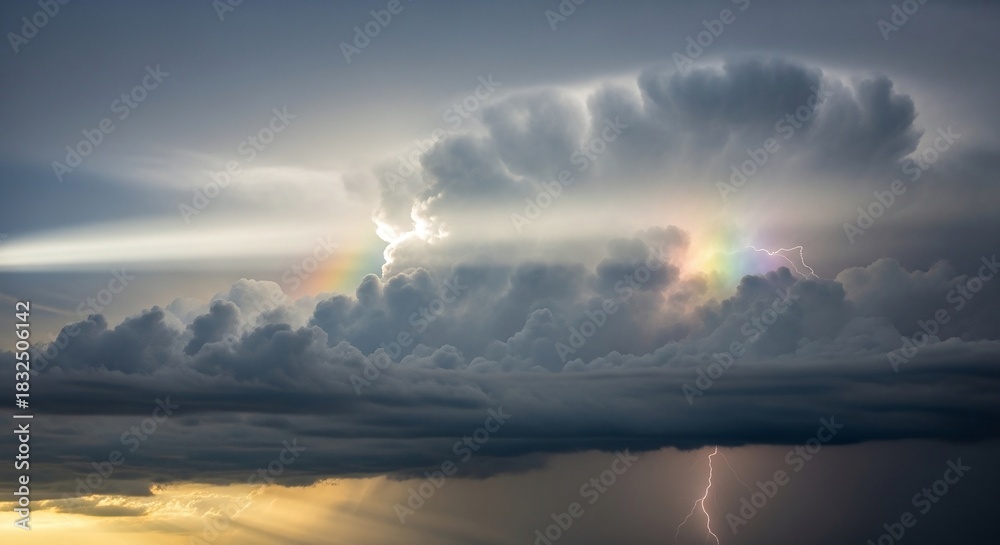 Fototapeta premium A dramatic and powerful storm cloud formation featuring a vibrant rainbow and a striking lightning bolt, showcasing the raw beauty of natures weather