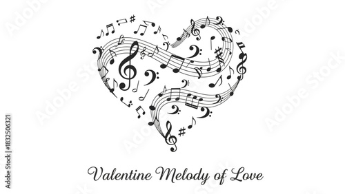 A heart shape made of musical notes and staves, with "Valentine Melody of Love" text below, on a white background.