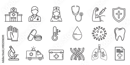 Medical and healthcare line icon set. Doctor, nurse, vaccine injection, dna helix, lungs anatomy, and hospital outline vector symbols.