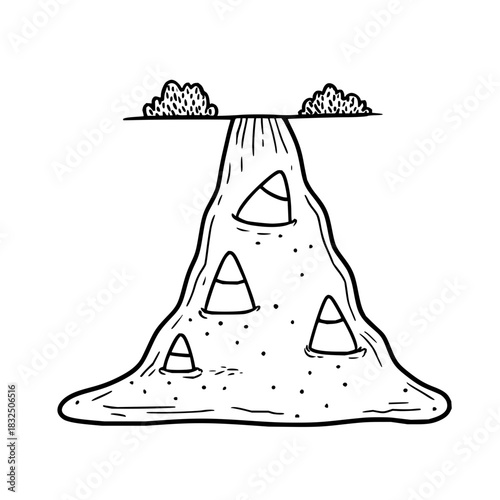 Illustration of a waterfall with candy corn inside and bushes on top in a black and white style