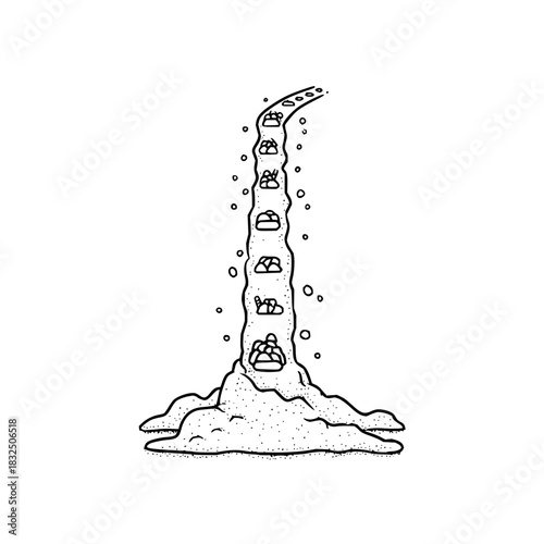 Illustration of a waterfall with rocks and bubbles cascading down into a pool of water illustration