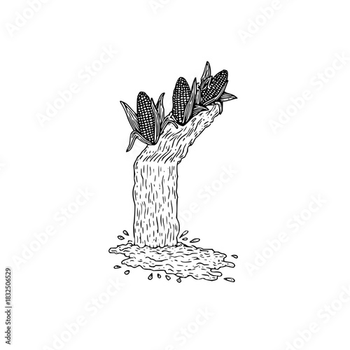 Three ears of corn atop a waterfall, rendered in black and white line art with detailed textures and shading