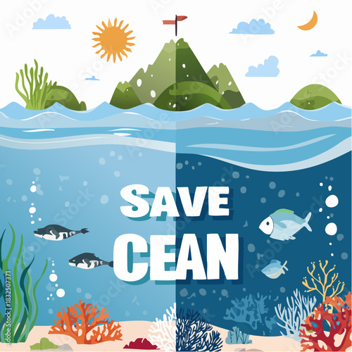 Vector illustration showing the contrast between a polluted and a clean ocean, a powerful environmental message to save our seas
