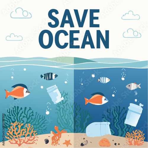 Vector illustration showing the stark contrast between a healthy ocean with marine life and a polluted sea with plastic waste, advocating for environmental conservation