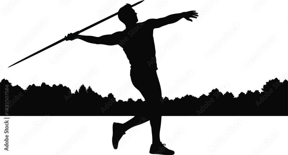 Fototapeta premium Athlete Practicing Javelin Throw on Open Field – Black and White Silhouette Vector Art