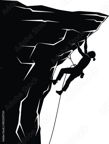 Rock Climber Gripping Overhanging Cliff – Black and White Silhouette Vector Art