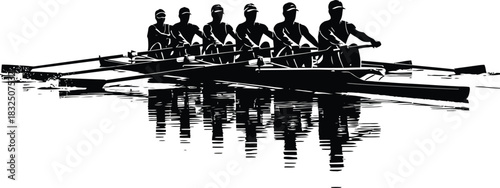Rowing Team Paddling in Synchronized Motion – Black and White Silhouette Vector Art