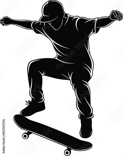 Skateboarder Performing Mid-Air Kickflip – Black and White Silhouette Vector Art