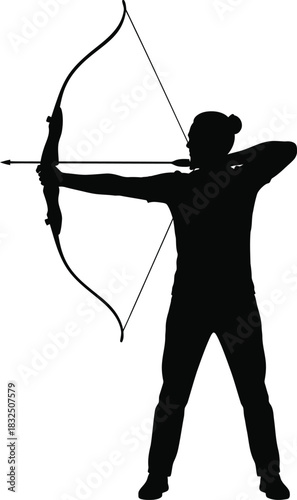 Archer Aiming Bow with Perfect Stance – Black and White Silhouette Vector Art