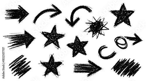 Grunge hand drawn black arrows and stars set with rough scratchy texture elements