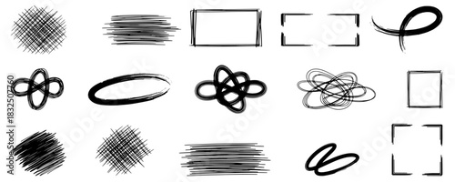 Abstract hand drawn scribble frames and texture strokes set for grunge design elements