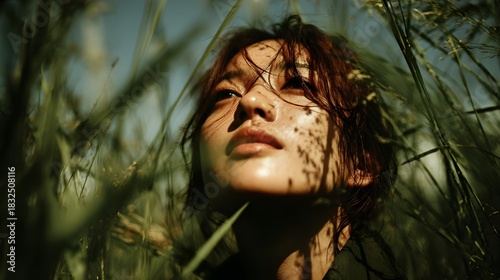 A close-up portrait of an Asian woman’s face in profile