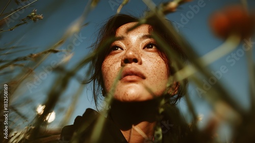 A close-up portrait of an Asian woman’s face in profile