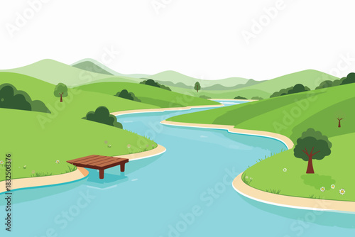 Scenic River Landscape with Wooden Dock