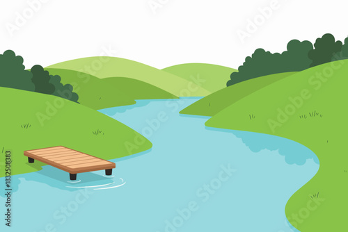 Scenic River Landscape with Wooden Dock