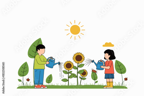 Children Watering Sunflowers