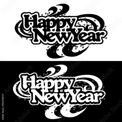 Happy New Year Retro Typography Banner with Confetti and Swirls