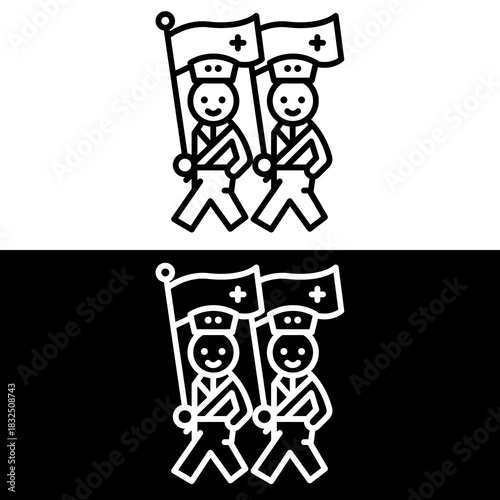 Cute Line Art Soldiers Marching with Flag Icon Set