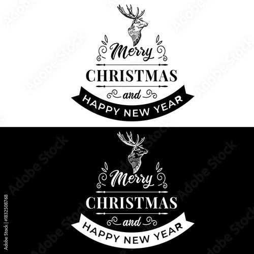 Vintage Engraved Reindeer Merry Christmas and Happy New Year Emblem