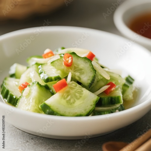 4k high quality Ai generative HD photo realistic menu selling eat food healthy breakfast diet vegetarian green Japanese watercress salad vegetables texture closeup cucumber timun chili
