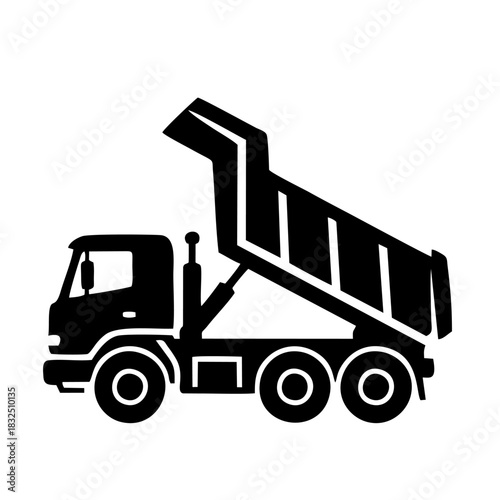 Black silhouette of a dump truck unloading soil, clean sharp edges