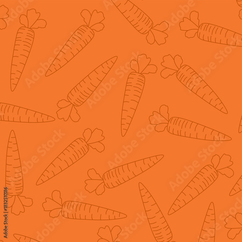 Carrot Seamless Pattern. Outline Carrots on Orange Background. Perfect for food packaging, organic branding, kitchen textiles, wallpaper, wrapping paper