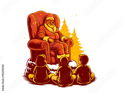 Traditional Santa Claus sitting in classic red chair waiting for children visit