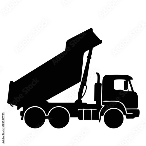 Black silhouette of a dump truck unloading soil, clean sharp edges