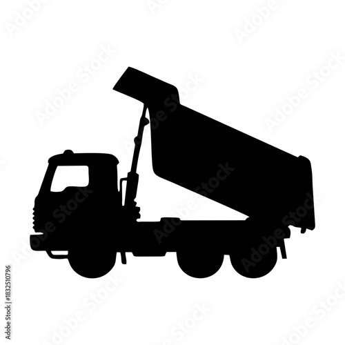 Black silhouette of a dump truck unloading soil, clean sharp edges
