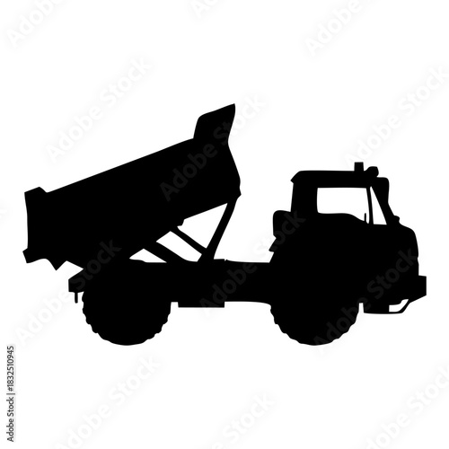 Black silhouette of a dump truck unloading soil, clean sharp edges