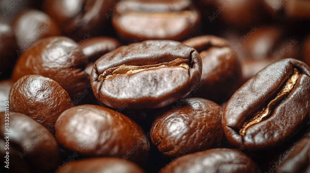Naklejka premium Cinematic macro view of roasted coffee beans, capturing rich texture, warm tones, and aromatic appeal. A slow-motion feel enhances depth, highlighting the essence and intensity of premium coffee.