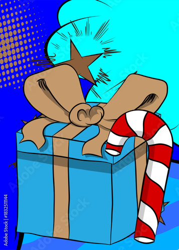Cartoon Gift Box and Candy cane, comic book Christmas. Retro vector comics pop art design.