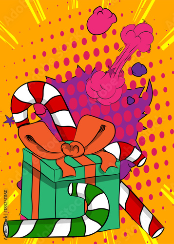 Cartoon Gift Box and Candy cane, comic book Christmas. Retro vector comics pop art design.