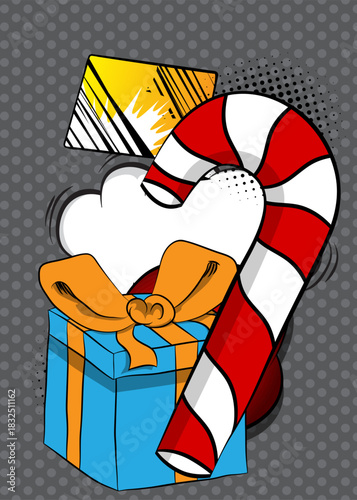 Cartoon Gift Box and Candy cane, comic book Christmas. Retro vector comics pop art design.