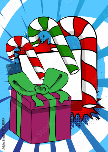 Cartoon Gift Box and Candy cane, comic book Christmas. Retro vector comics pop art design.