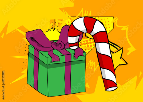 Cartoon Gift Box and Candy cane, comic book Christmas. Retro vector comics pop art design.