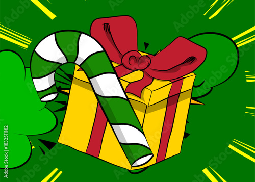 Cartoon Gift Box and Candy cane, comic book Christmas. Retro vector comics pop art design.