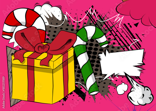 Cartoon Gift Box and Candy cane, comic book Christmas. Retro vector comics pop art design.