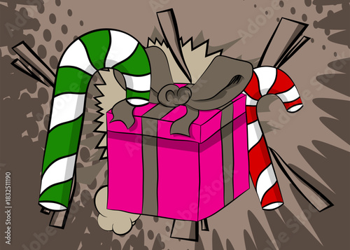Cartoon Gift Box and Candy cane, comic book Christmas. Retro vector comics pop art design.