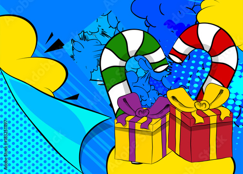 Cartoon Gift Box and Candy cane, comic book Christmas. Retro vector comics pop art design.