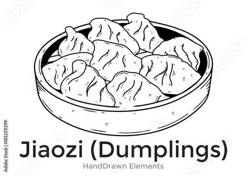 Black and white illustration of jiaozi dumplings arranged in a round bowl, hand-drawn style.