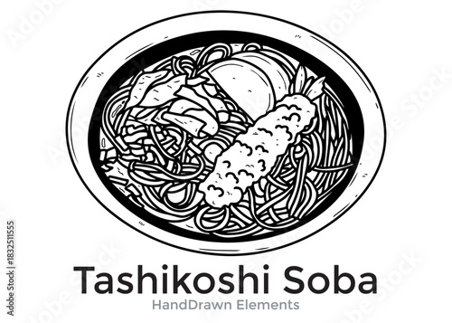 Detailed black and white illustration of a bowl of Tashikoshi Soba noodles with tempura.